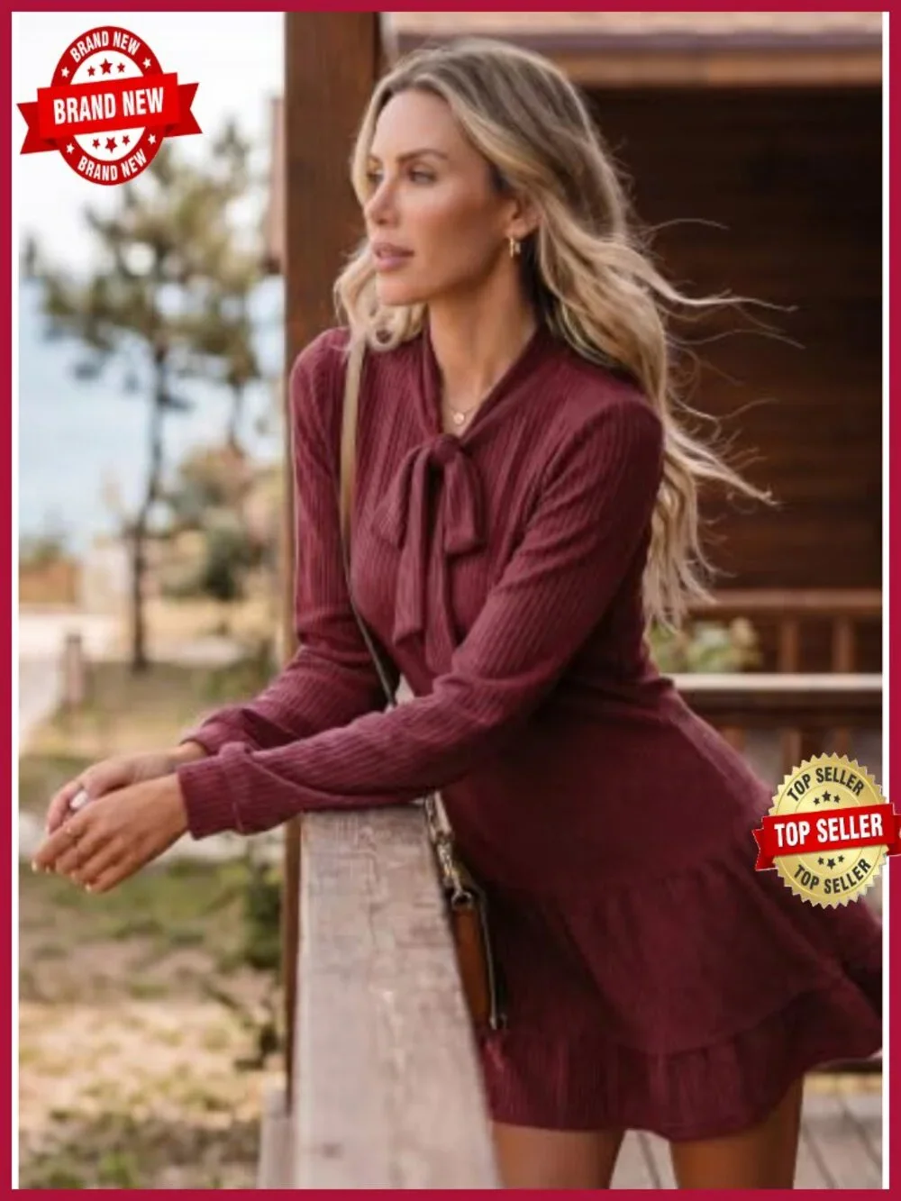 Long Sleeve Tie Knot Ribbed Knit Babydoll Dress Mini A Line Swing Fall